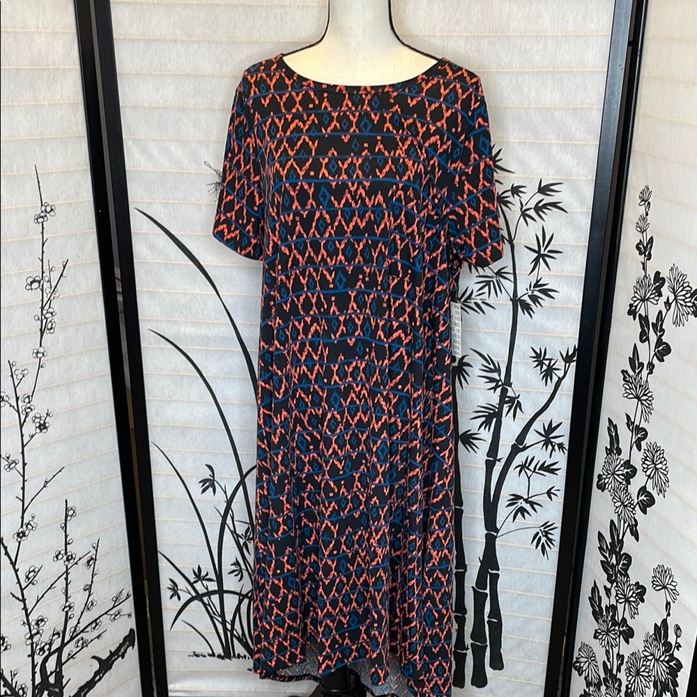Lularoe Carly Geometric Patterned Dress - Black and Orange 2xl